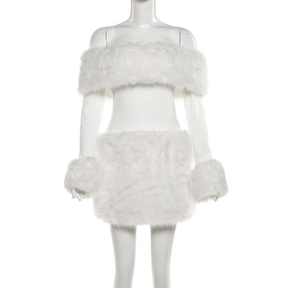 Off shoulder long sleeve fluffy mini dress  | Festival Outfits Women