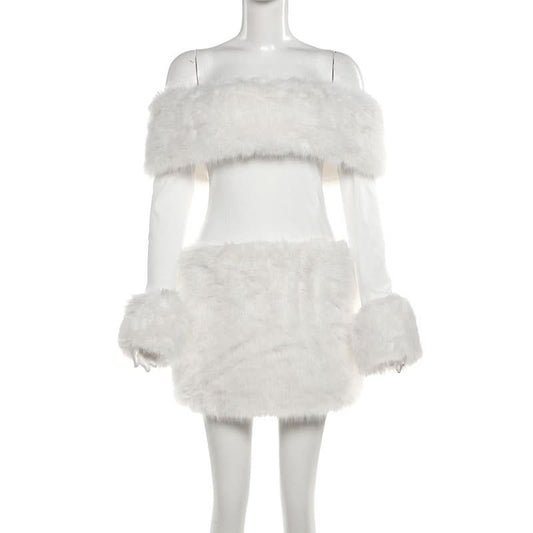 Off shoulder long sleeve fluffy mini dress  | Festival Outfits Women