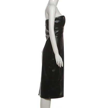 PU leather v neck low cut midi dress  | Festival Outfits Women