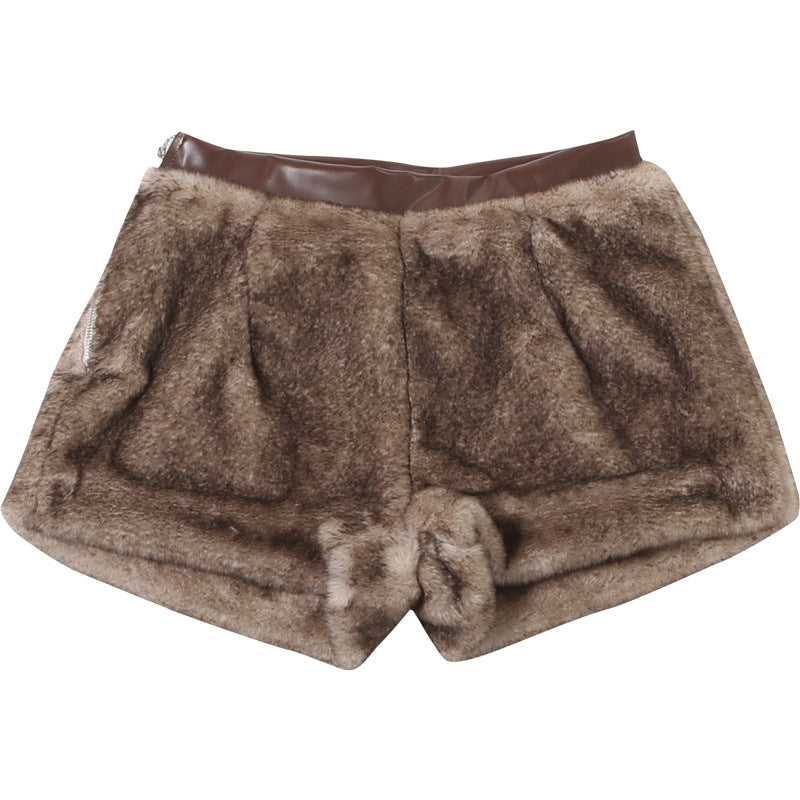 Fluffy PU leather patchwork zip-up short pant  | Festival Outfits Women