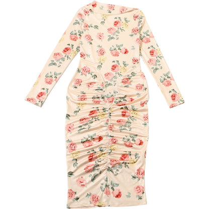 Long sleeve flower print ruched midi dress  | Festival Outfits Women