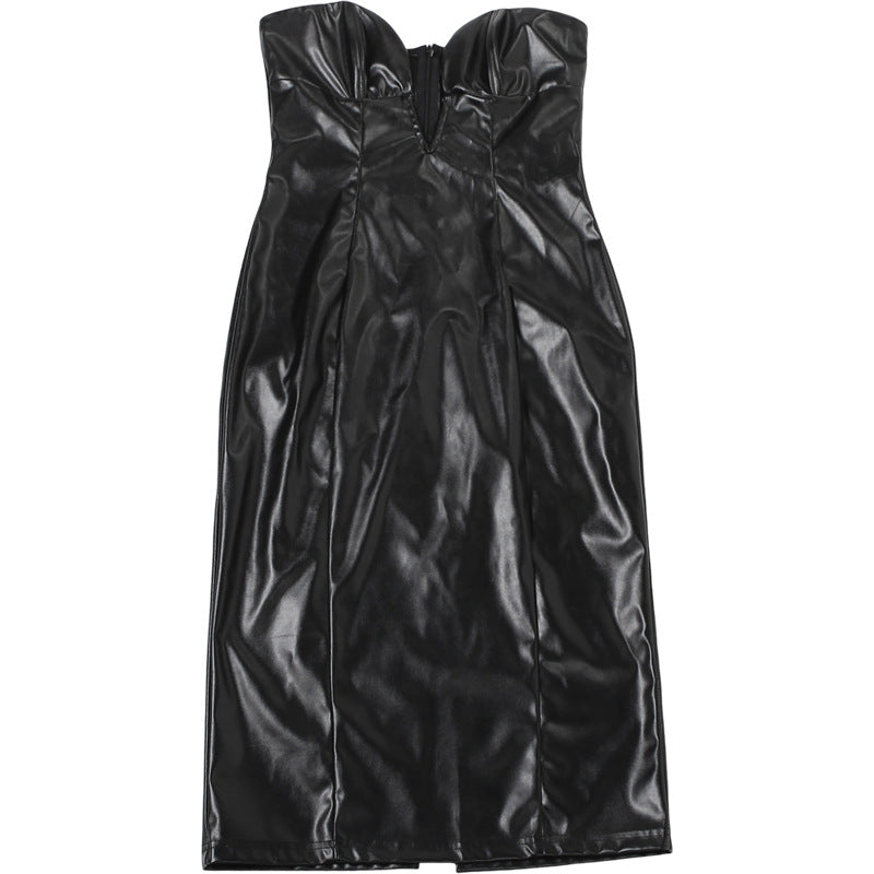 PU leather v neck low cut midi dress  | Festival Outfits Women
