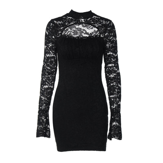 Long sleeve lace hollow out button cut out mini dress  | Festival Outfits Women