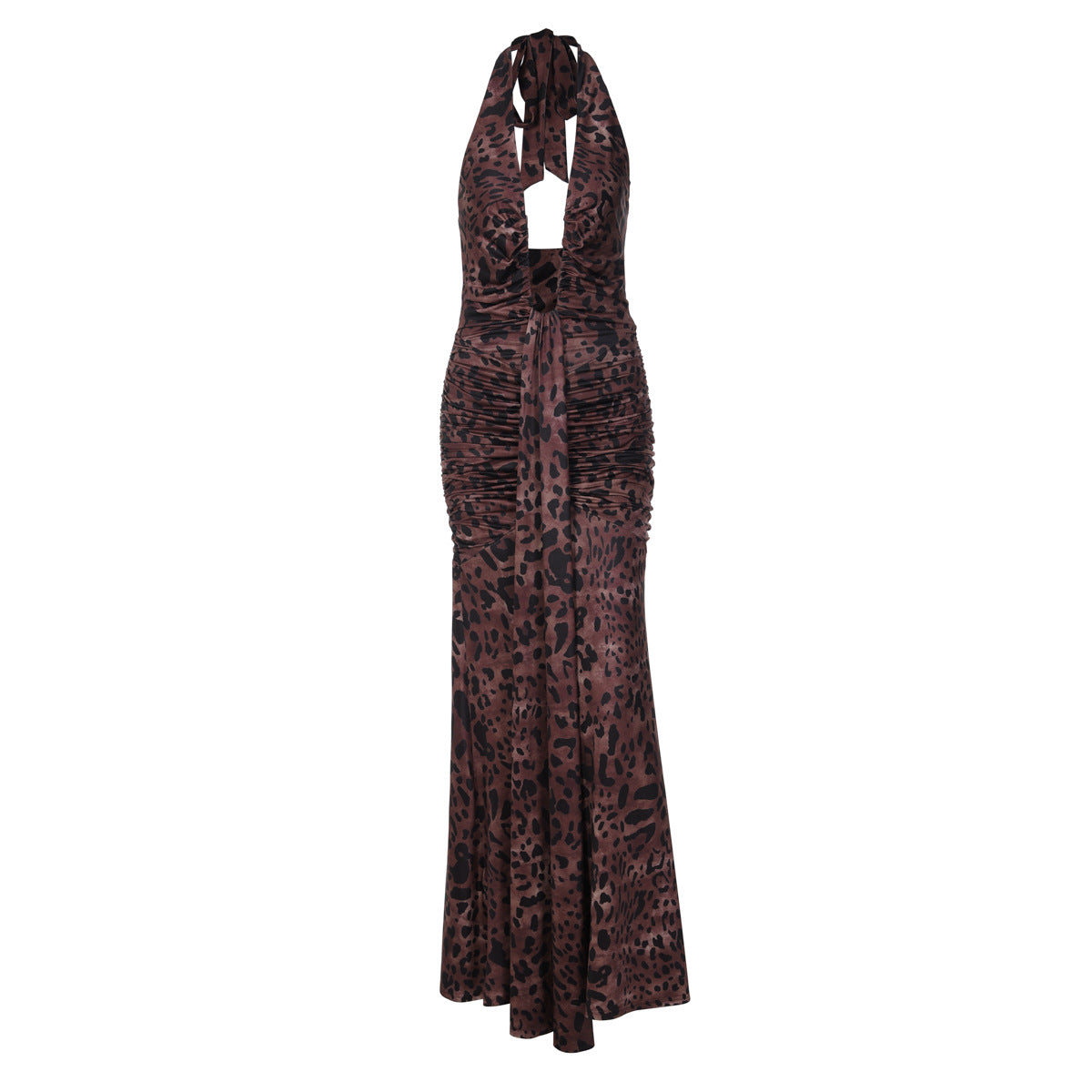 Halter self tie leopard print ruched backless maxi dress  | Festival Outfits Women