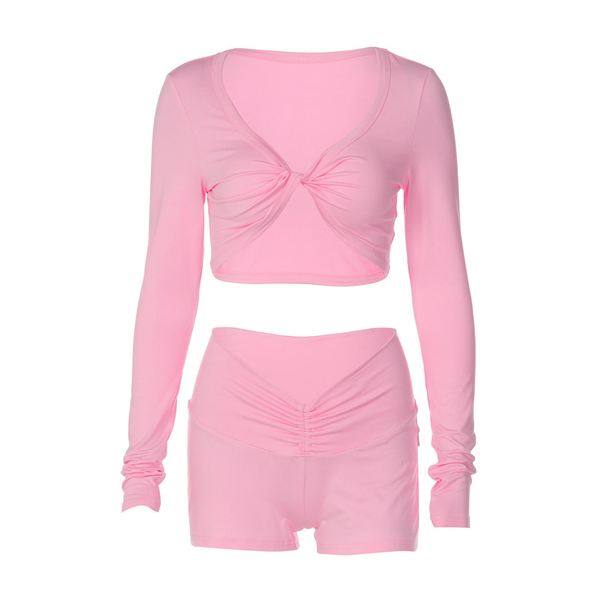 Long sleeve ruched v neck solid short pant set  | Festival Outfits Women
