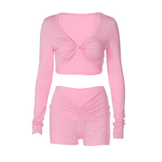 Long sleeve ruched v neck solid short pant set  | Festival Outfits Women