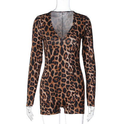 Leopard print v neck long sleeve romper  | Festival Outfits Women