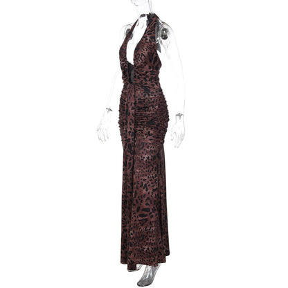 Halter self tie leopard print ruched backless maxi dress  | Festival Outfits Women