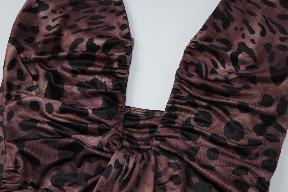 Halter self tie leopard print ruched backless maxi dress  | Festival Outfits Women