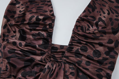 Halter self tie leopard print ruched backless maxi dress  | Festival Outfits Women