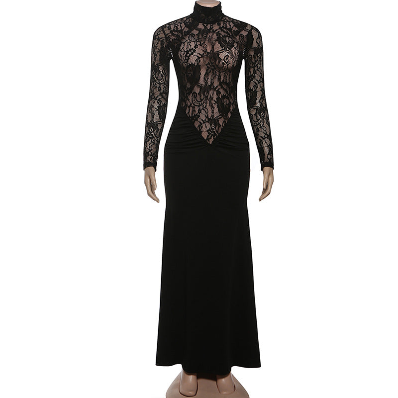 High neck long sleeve zip-up ruched maxi dress  | Festival Outfits Women