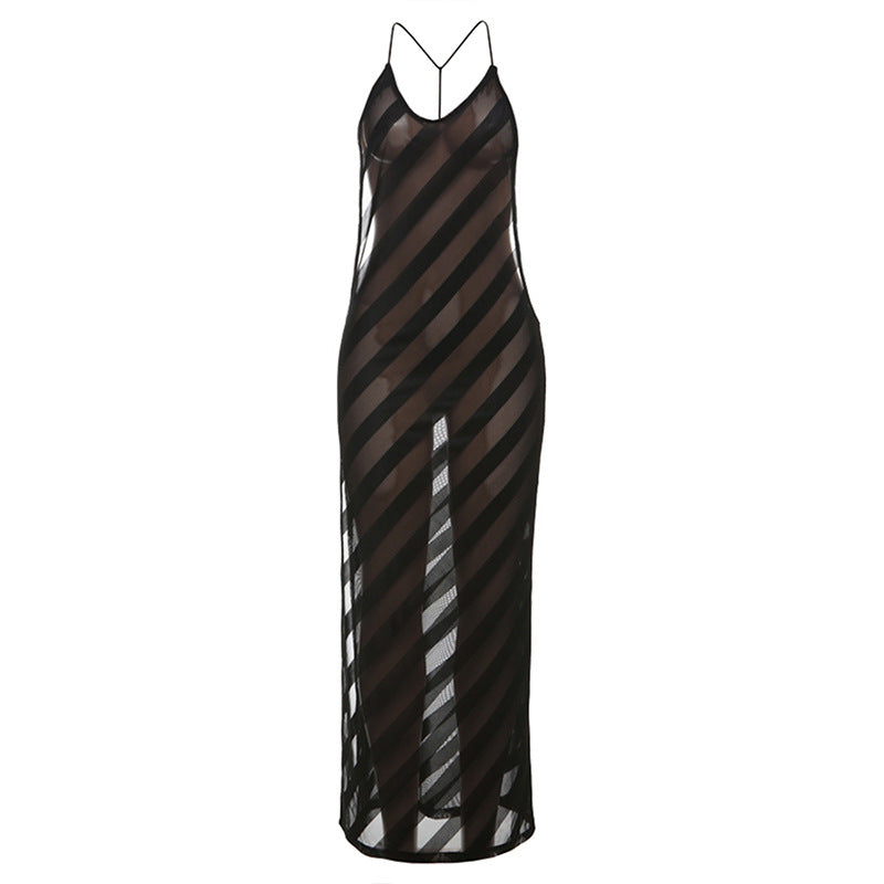 V neck mesh high slit see through backless maxi dress  | Festival Outfits Women