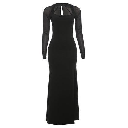 Long sleeve hollow out mesh high slit cut out maxi dress  | Festival Outfits Women