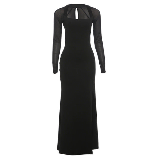 Long sleeve hollow out mesh high slit cut out maxi dress  | Festival Outfits Women