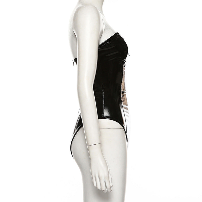 PU leather zip-up backless bodysuit  | Festival Outfits Women