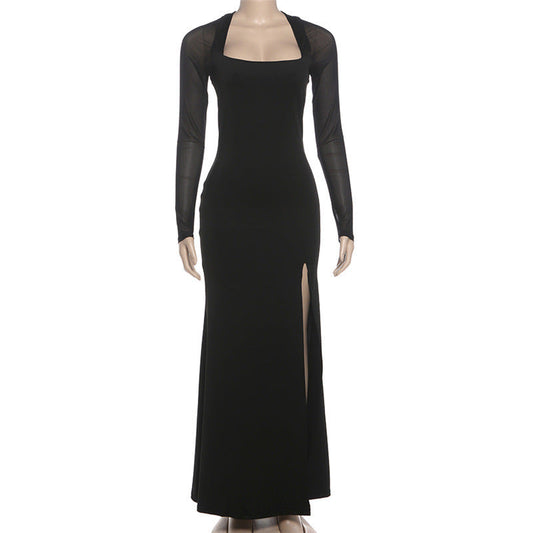 Long sleeve hollow out mesh high slit cut out maxi dress  | Festival Outfits Women