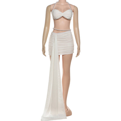 Halter beaded ruched mesh mini dress  | Festival Outfits Women