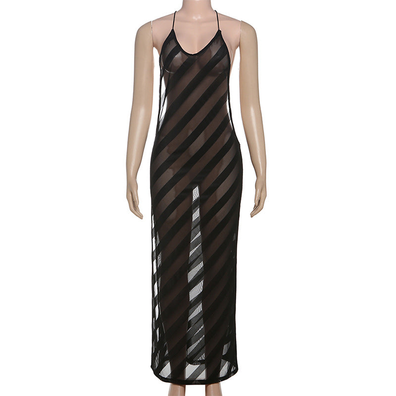 V neck mesh high slit see through backless maxi dress  | Festival Outfits Women