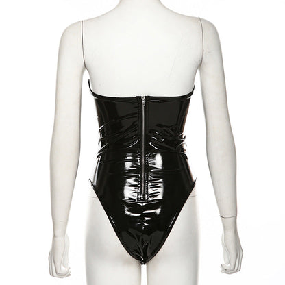 PU leather zip-up backless bodysuit  | Festival Outfits Women