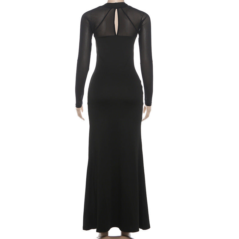 Long sleeve hollow out mesh high slit cut out maxi dress  | Festival Outfits Women