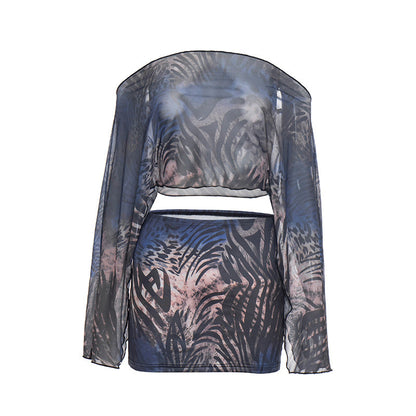 Mesh long sleeve off shoulder print mini skirt set  | Festival Outfits Women