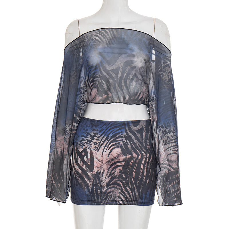 Mesh long sleeve off shoulder print mini skirt set  | Festival Outfits Women