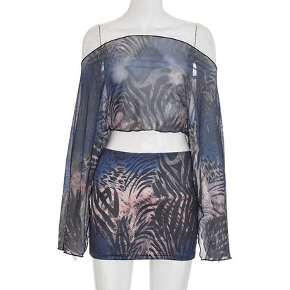 Mesh long sleeve off shoulder print mini skirt set  | Festival Outfits Women