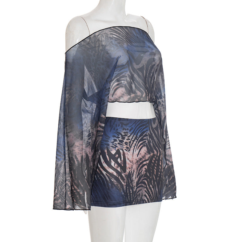 Mesh long sleeve off shoulder print mini skirt set  | Festival Outfits Women