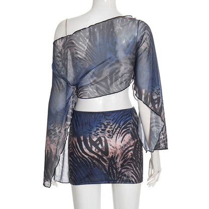 Mesh long sleeve off shoulder print mini skirt set  | Festival Outfits Women