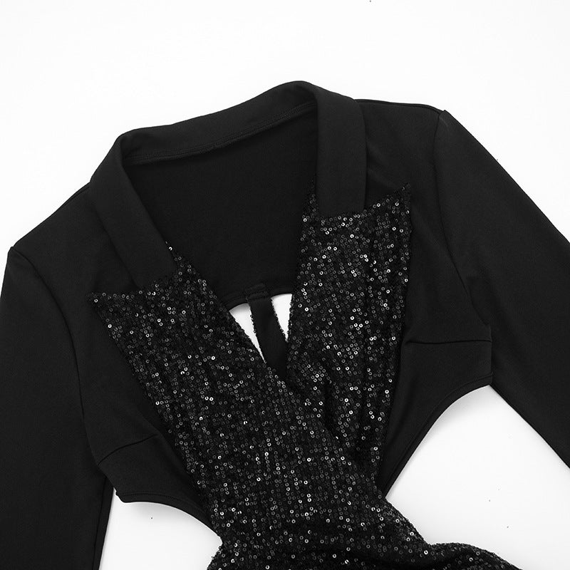 Glitter long sleeve v neck hollow out cut out mini dress  | Festival Outfits Women