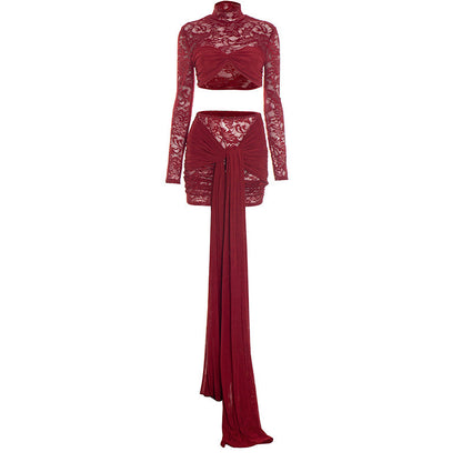 Long sleeve lace ruched high neck mini skirt set  | Festival Outfits Women