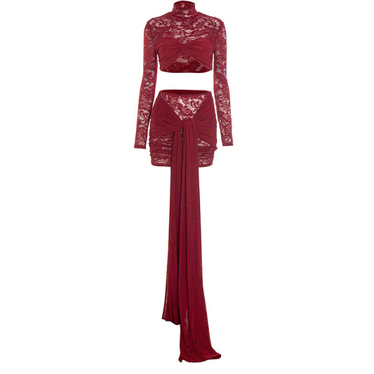 Long sleeve lace ruched high neck mini skirt set  | Festival Outfits Women