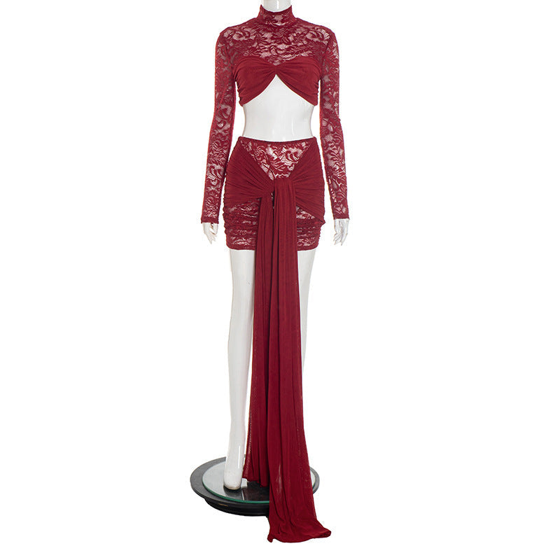 Long sleeve lace ruched high neck mini skirt set  | Festival Outfits Women