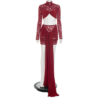 Long sleeve lace ruched high neck mini skirt set  | Festival Outfits Women