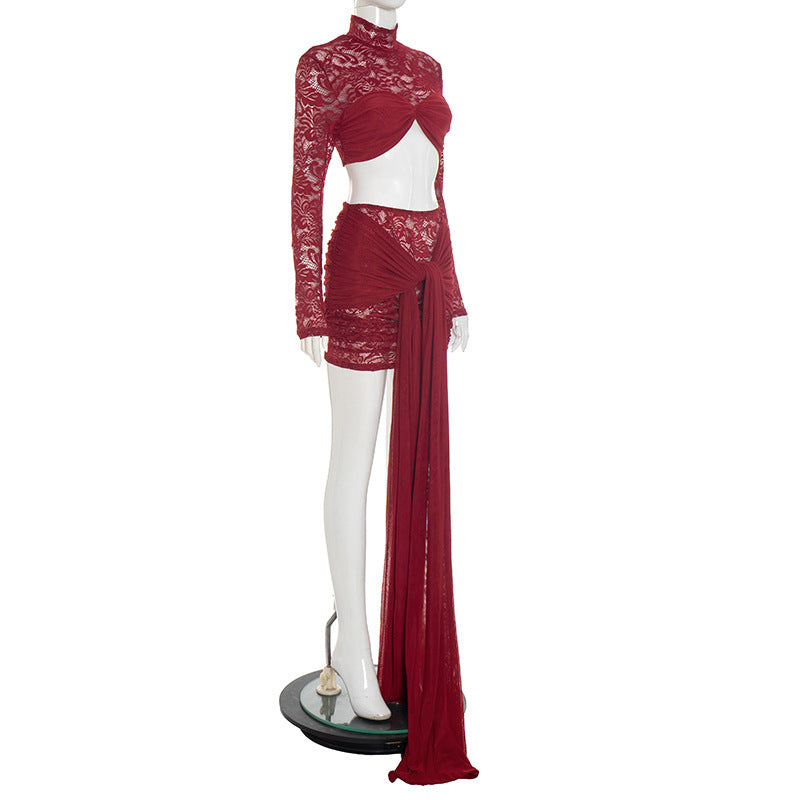 Long sleeve lace ruched high neck mini skirt set  | Festival Outfits Women
