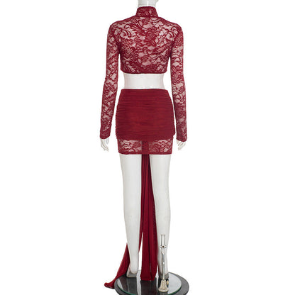 Long sleeve lace ruched high neck mini skirt set  | Festival Outfits Women