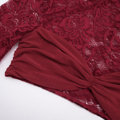 Long sleeve lace ruched high neck mini skirt set  | Festival Outfits Women