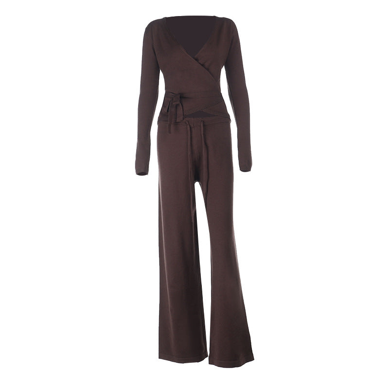 Long sleeve v neck self tie drawstring pant set  | Festival Outfits Women