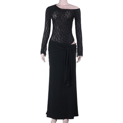 Ruched long sleeve lace hollow out cut out maxi dress  | Festival Outfits Women