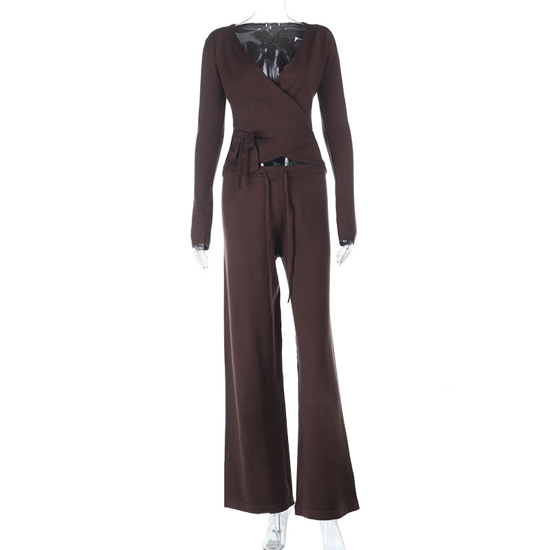 Long sleeve v neck self tie drawstring pant set  | Festival Outfits Women
