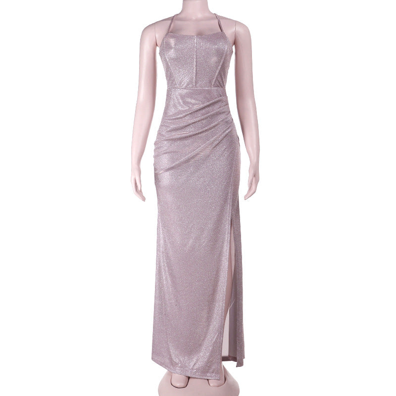 Cross back self tie ruched zip-up slit cami maxi dress  | Festival Outfits Women