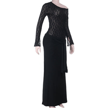 Ruched long sleeve lace hollow out cut out maxi dress  | Festival Outfits Women