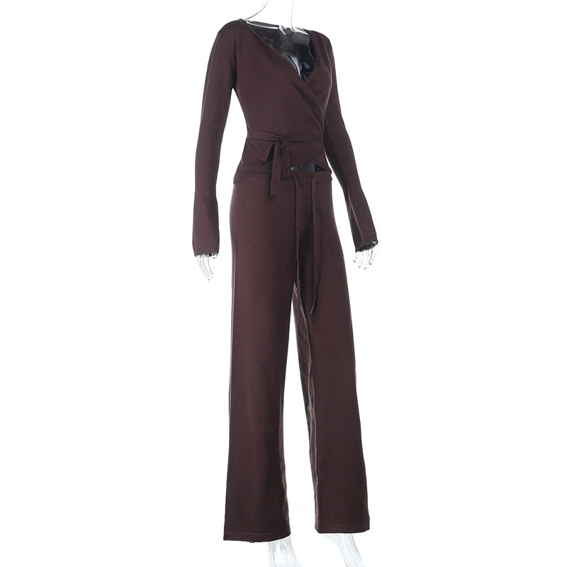 Long sleeve v neck self tie drawstring pant set  | Festival Outfits Women