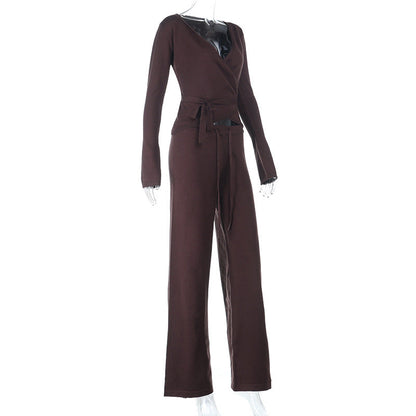 Long sleeve v neck self tie drawstring pant set  | Festival Outfits Women