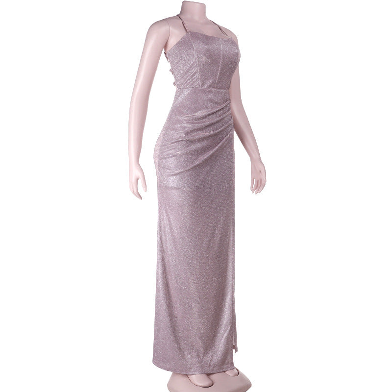 Cross back self tie ruched zip-up slit cami maxi dress  | Festival Outfits Women