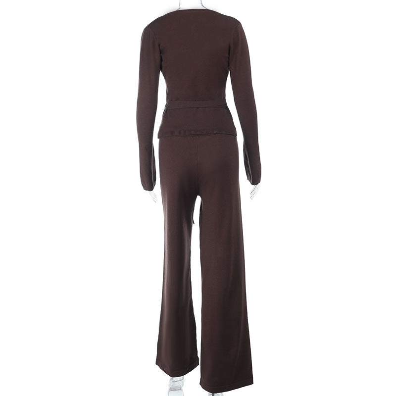 Long sleeve v neck self tie drawstring pant set  | Festival Outfits Women