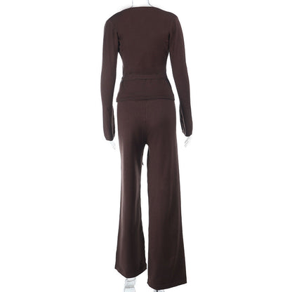 Long sleeve v neck self tie drawstring pant set  | Festival Outfits Women