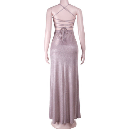 Cross back self tie ruched zip-up slit cami maxi dress  | Festival Outfits Women