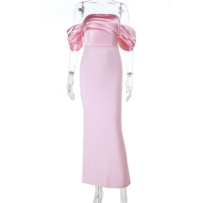 Satin ruched off shoulder zip-up slit maxi dress  | Festival Outfits Women