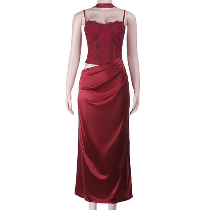 Hollow out ruched satin slit cami cut out maxi dress  | Festival Outfits Women